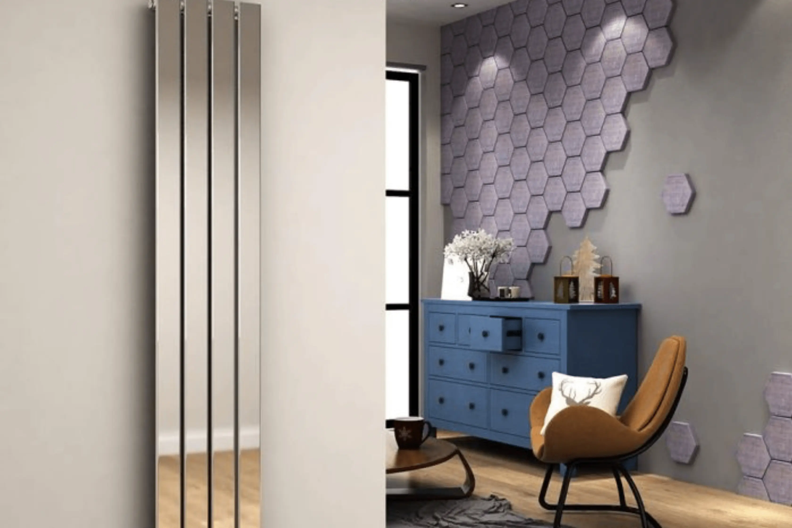 Vertical Chrome Radiator Against Lounge Wall